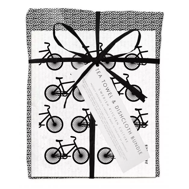 Swedish Dishcloth and Tea Towel Bundle, Bikes and Leaves [FINAL SALE]